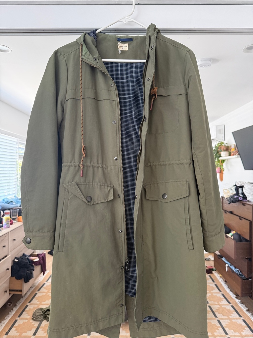 Olive Green Hooded Trench Coat with Drawcord - Unbranded
